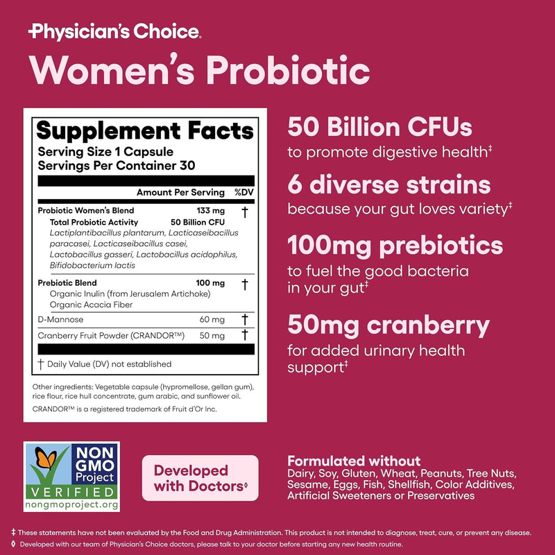 Physician's CHOICE Probióticos para mujeres - Equilibrio PH, digestivo, UT y salud femenina - 50 mil millones de CFU - 6 cepas únicas para ella - Prebióticos orgánicos, extracto de arándano+