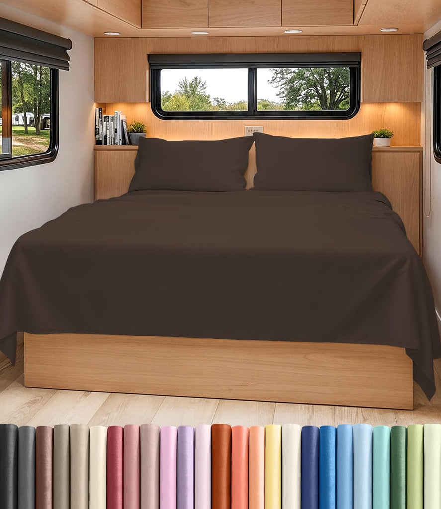 Short Queen Size 4 Piece Bed Sheet Set - RV Short Queen Sheets - Brown