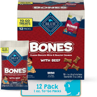 Blue Buffalo Bones Natural Crunchy Dog Treats to-GO, Mini Dog Biscuits, Beef 1-oz Bags (Pack of 12)