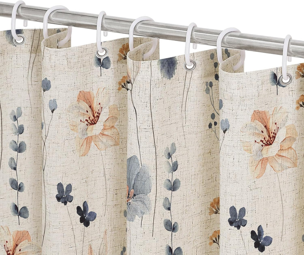 Gibelle Blue Linen Watercolor Floral Fabric Shower Curtain, 36x72