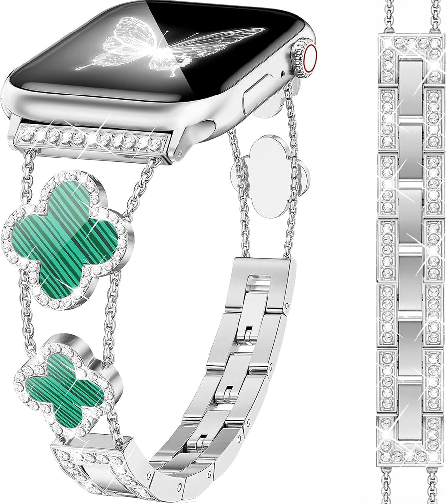 MOINSPIRE Silver Bling Diamond Clover Bands Women Compatible with Apple Watch 42mm(S3/2/1) 44/45/46/49mm Lucky Sparkle D