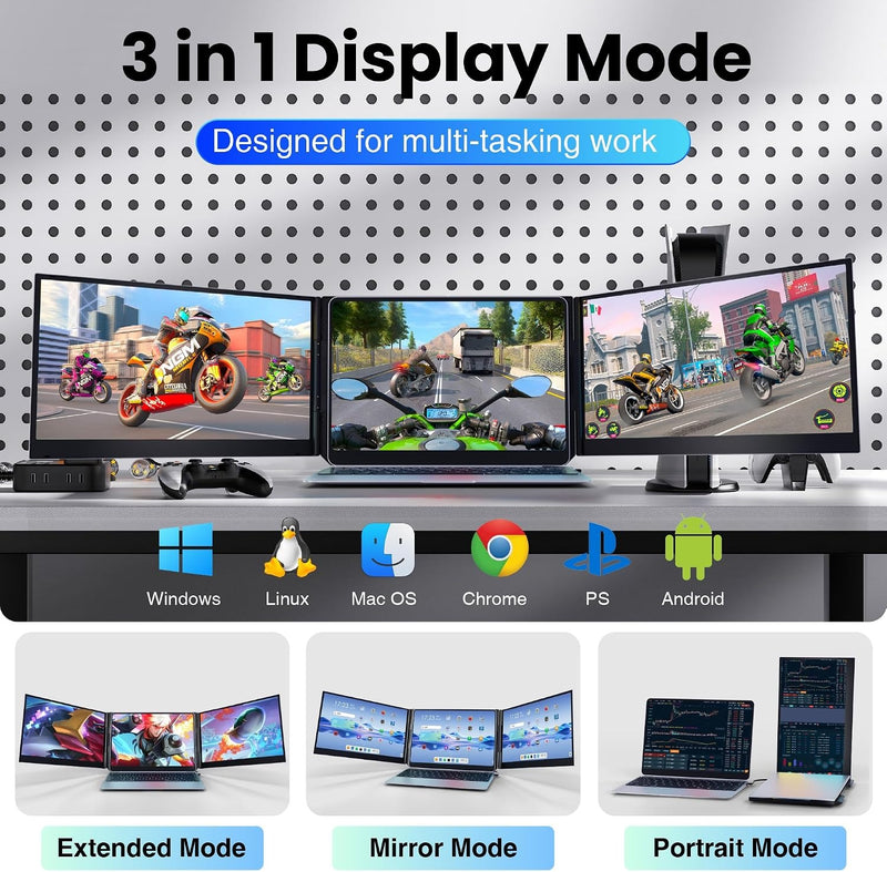 sharanix Laptop Screen Extender, 15.6" Ultra Light & Thin Triple Portable Monitor for Laptop with 1080P FHD IPS Display, Two Cable USB-C/HDMI Plug-Play Monitor Extender for Mac/Win/Android, Fits 13-17