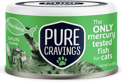 Pure Cravings Wet Cat Food Canned Mackerel Cutlets in Gravy, Every Catch is Mercury Tested, Moist Can Fish for Cats, Grain-Free, Protein, Non-GMO, Pack of 12