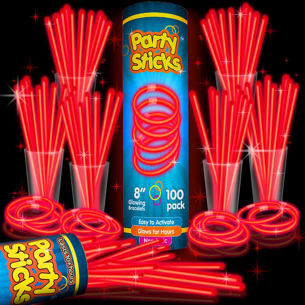 PartySticks Red Glow Sticks - 100pk, 8 Inch Glow in The Dark Light Up Sticks - Party Favors, Decorations, Necklaces and