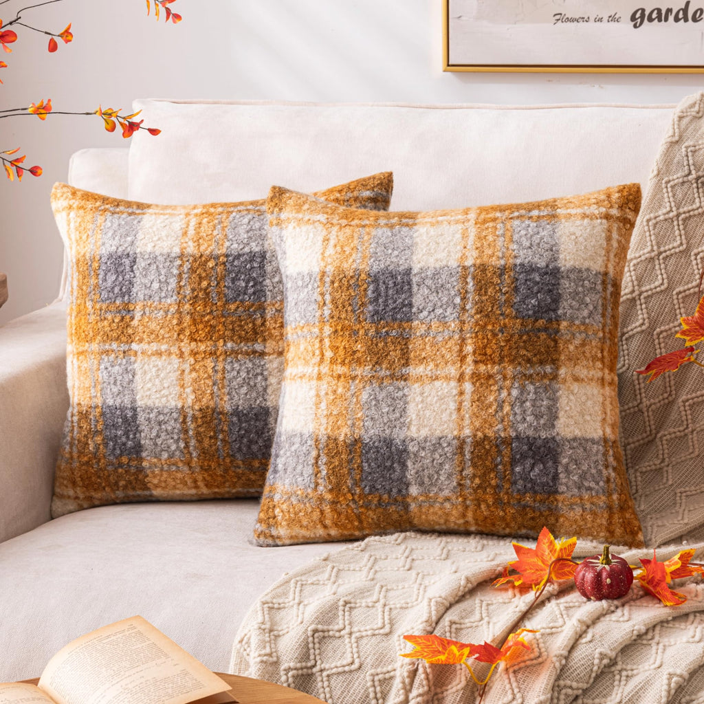 AQOTHES Plaid Fall Throw Pillow Covers Yellow Blue 18x18 Inch Set of 2