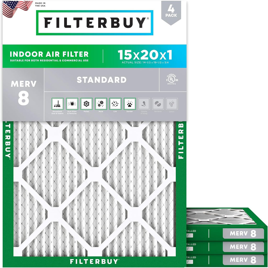 Filterbuy 15x20x1 Air Filter MERV 8 Dust & Allergy Defense (4-Pack)