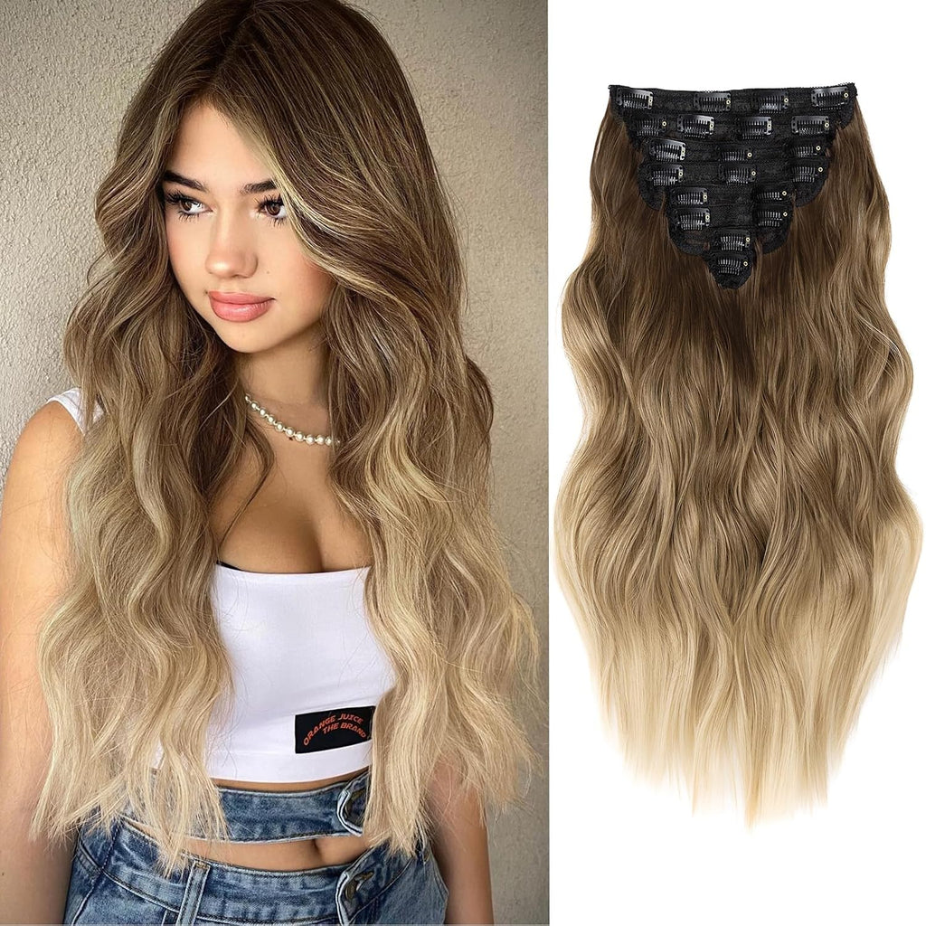 Clip in Hair Extensions for Women, 20 Inch 8PCS Long Wavy Omber Blonde Hair Extensions Clip Ins, Synthetic Soft Hairpiec