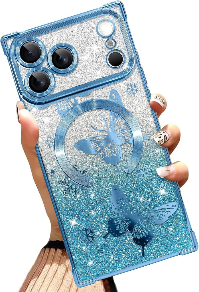 Illians Glitter Phone Case Made for iPhone 17 Pro Max, Blue Butterfly