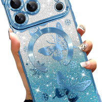 Illians Glitter Phone Case Made for iPhone 17 Pro Max, Blue Butterfly
