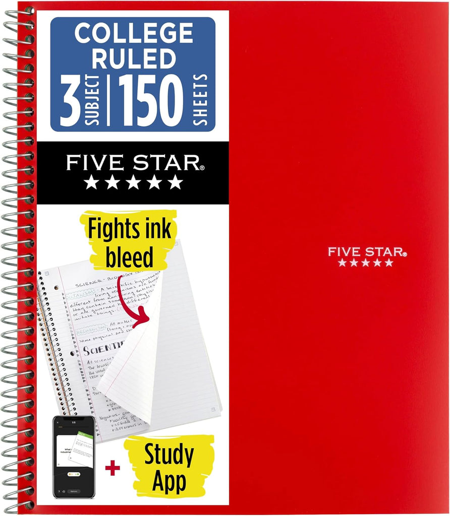Five Star Spiral Notebook + Study App, 3 Subject, College Ruled Paper, 8-1/2" x 11", 150 Sheets, Fights Ink Bleed, Water