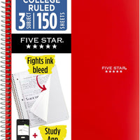 Five Star Spiral Notebook + Study App, 3 Subject, College Ruled Paper, 8-1/2" x 11", 150 Sheets, Fights Ink Bleed, Water