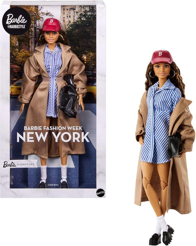 Barbie Signature Collectible @Barbiestyle Fashion Doll, Fashion Week Doll New York Street Style Clothes with Blue Dress, Brown Coat and Accessories