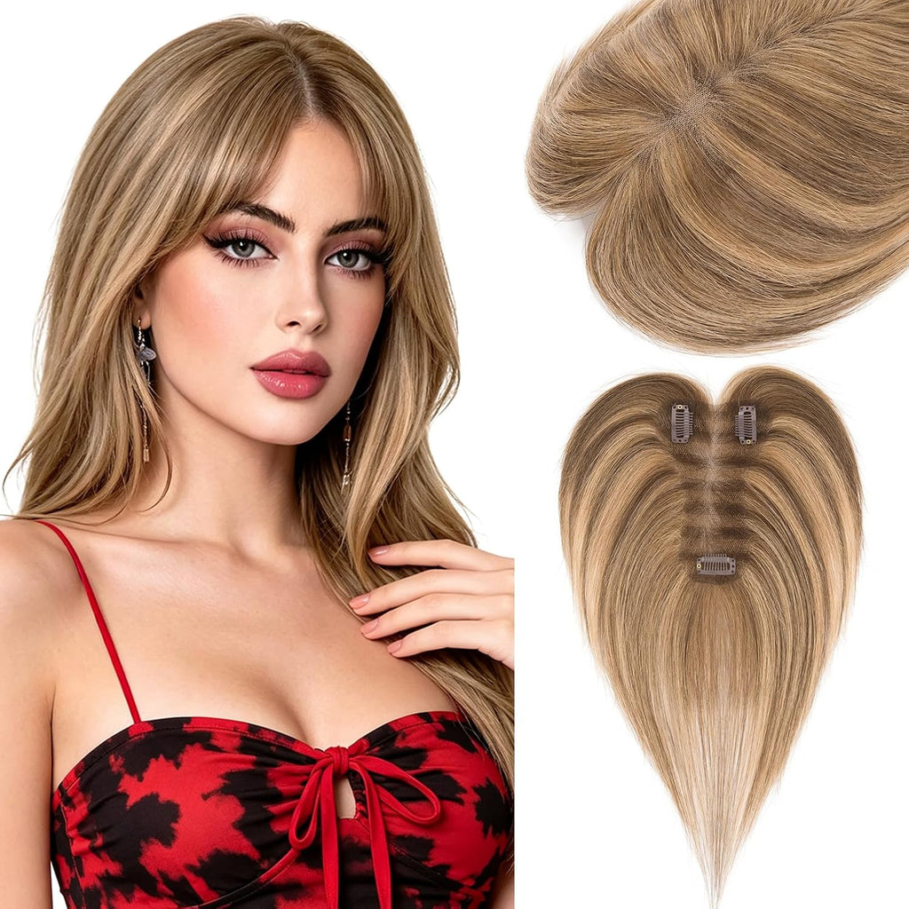 Hairro Real Human Hair Toppers For Women Short Clip In Topper Hair Extensions No Bang Highlighted Balayage Side Bangs Hairpieces 10 Inches 17g #4P27 Medium Brown Mix Dark Blonde