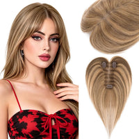 Hairro Real Human Hair Toppers For Women Short Clip In Topper Hair Extensions No Bang Highlighted Balayage Side Bangs Hairpieces 10 Inches 17g #4P27 Medium Brown Mix Dark Blonde