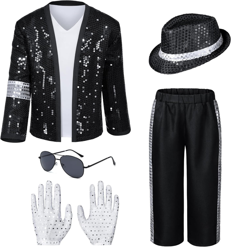 Dance Star Kids Costume for Boys 80s 90s Pop Stage Cosplay Party Halloween Role Play Black 8-10 Years