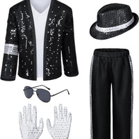 Dance Star Kids Costume for Boys 80s 90s Pop Stage Cosplay Party Halloween Role Play Black 11-12 Years