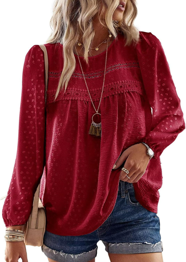 Falechay Womens Tops Boho Long Sleeve Swiss Dot Crewneck Blouses Red XS