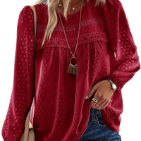 Falechay Womens Tops Boho Long Sleeve Swiss Dot Crewneck Blouses Red XS