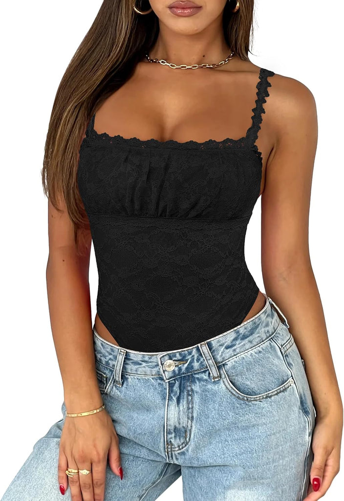 Saslax Women's Lace Bodysuit Sleeveless Double Lined Thong Body Suit Square Neck Going Out Summer Concert Club Outfits B
