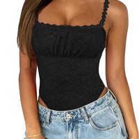 Saslax Women's Lace Bodysuit Sleeveless Double Lined Thong Body Suit Square Neck Going Out Summer Concert Club Outfits B