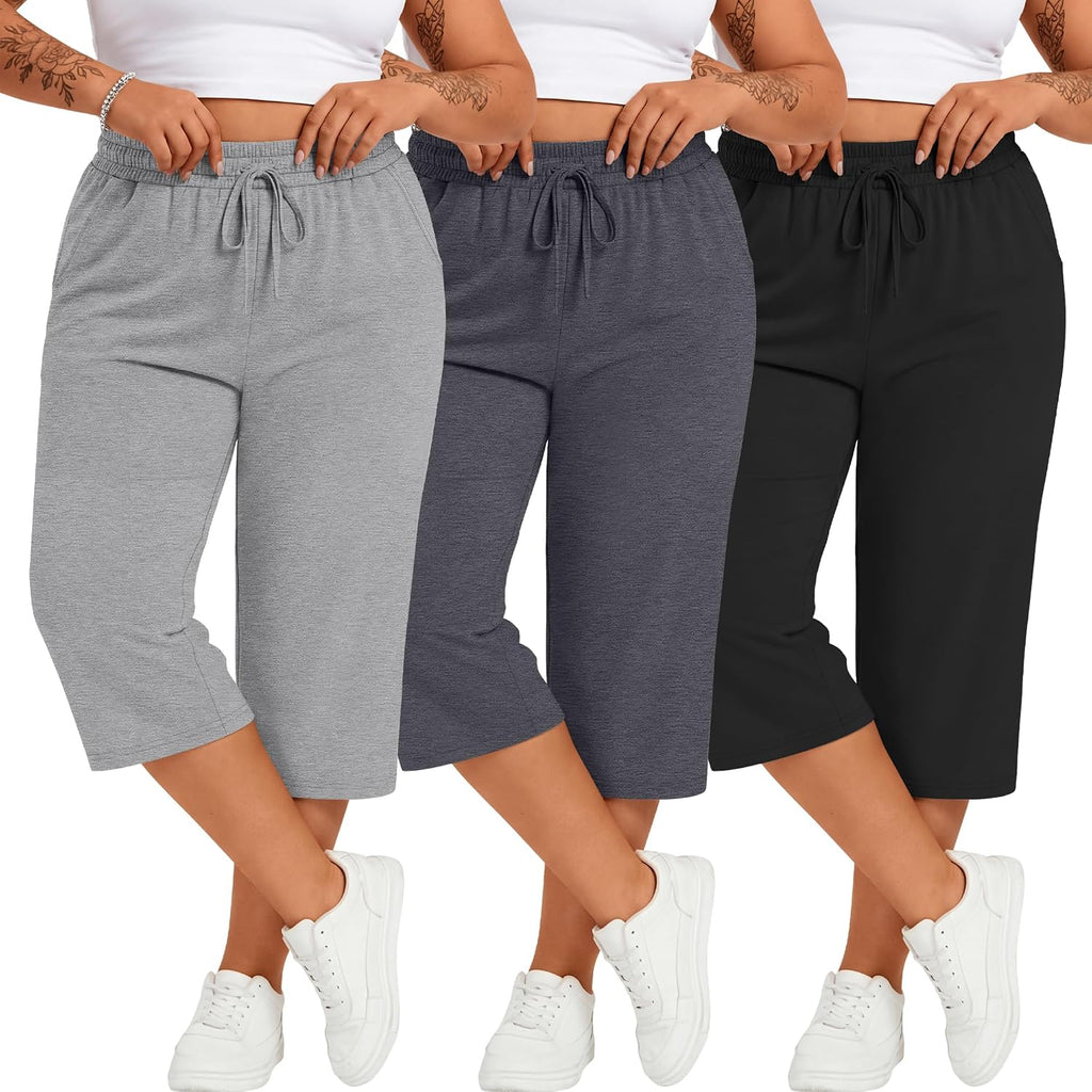 Neer 3 Pack Women's Plus Size Cotton Capris, 3-Color, 5X-Large