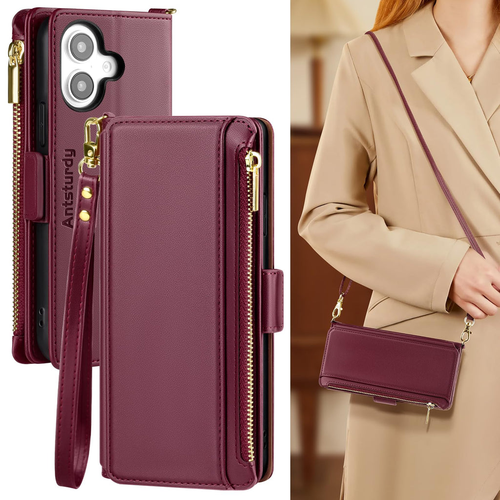 Antsturdy Crossbody Phone Wallet Case for iPhone 16,Wine Red