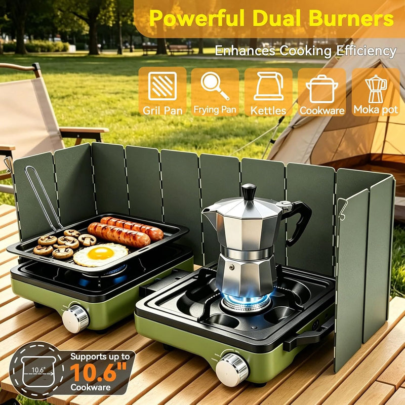 FIRXZYMZ 2 Burner Camping Stove with Windshield, 24000 BTU