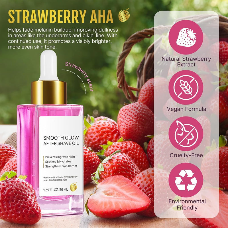 ikini Line Oil for Women - Smooth Glow After Shave Oil & Ingrown Hair Treatment | Razor Bumps, Strawberry Legs & Post Wax Care, Body Oil with Peptides & Strawberry AHA, 1.69 fl oz