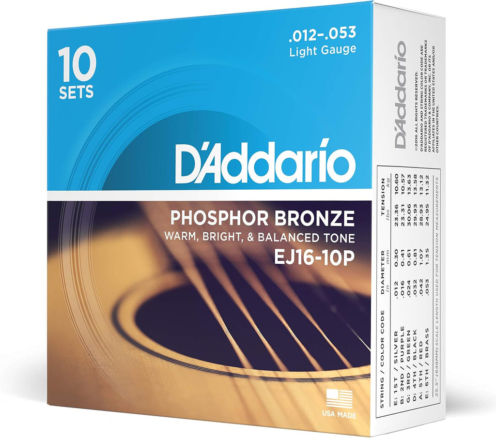 D'Addario EJ16-10P Phosphor Bronze Acoustic Guitar Strings 12-53, 10 Sets