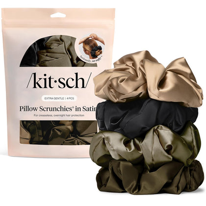Kitsch Pillow Satin Scrunchies for Women - Black, 4pcs