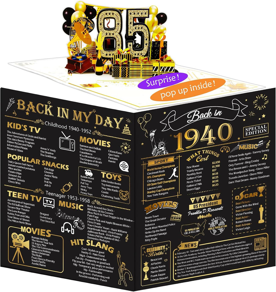 OLOSONG 85th Birthday Card for Men Women, Funny 3D Pop Up 85th Birthday Gifts for Grandma Mom Dad, Back In 1940 Happy 85