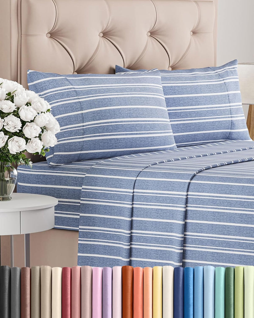 King Size 4 Piece Sheet Set - Breathable & Cooling Sheets - Blue Stripes