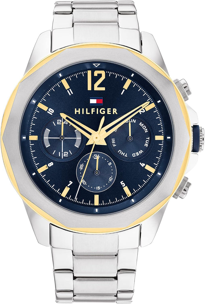 Tommy Hilfiger Men's Multifunction Stainless Steel Case and Link Bracelet Watch, Color: Silver (Model: 1792059) - Blue-Silicone