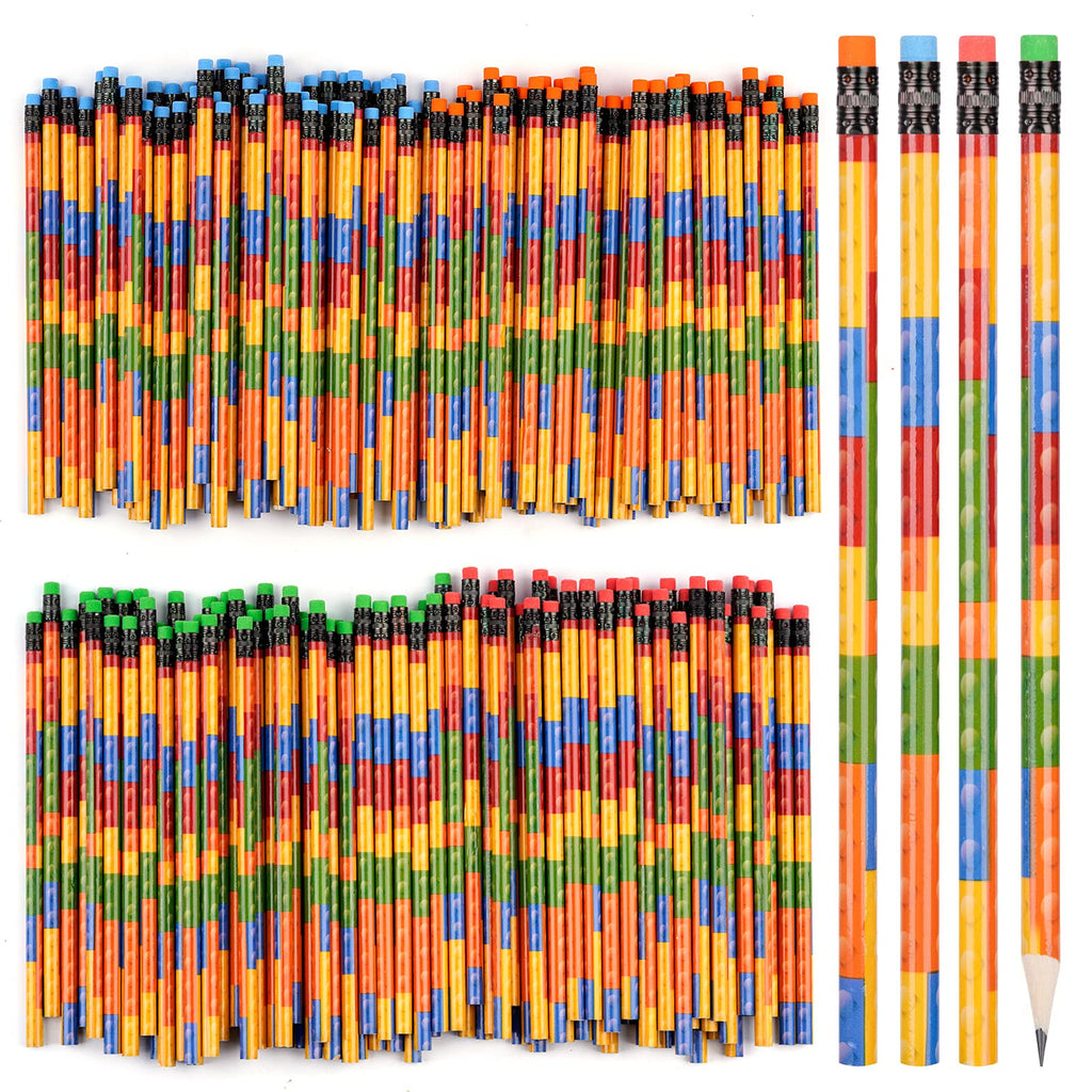 Kolewo4ever 100 Pieces Building Block Wood Pencils Colorful Round Pencils with Top Erasers Students Birthday Goody Bag Bulk Filler for Exams, School, Office, Sketching Learning Activities