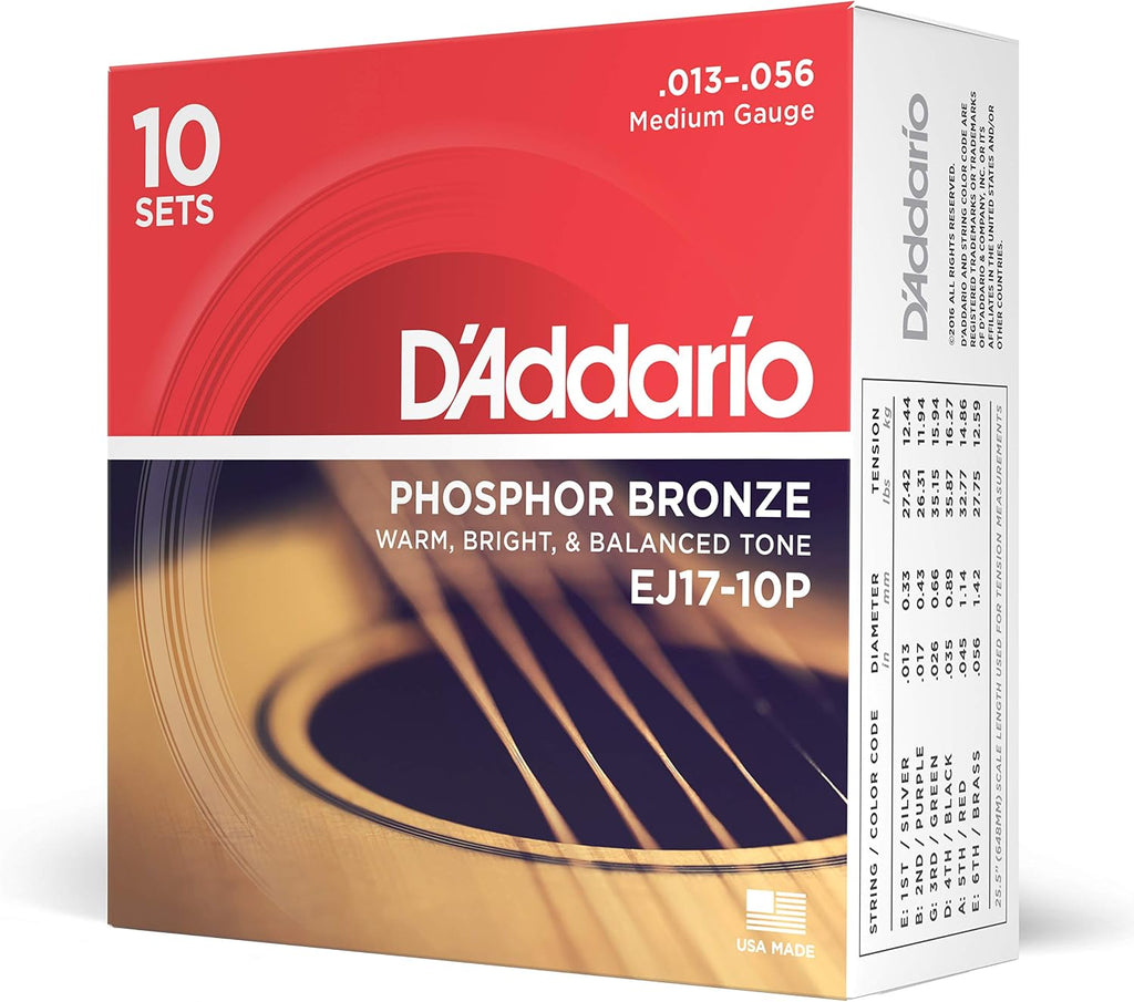 D'Addario EJ17-10P Phosphor Bronze Acoustic Guitar Strings 13-56, 10 Sets