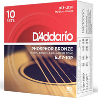 D'Addario EJ17-10P Phosphor Bronze Acoustic Guitar Strings 13-56, 10 Sets