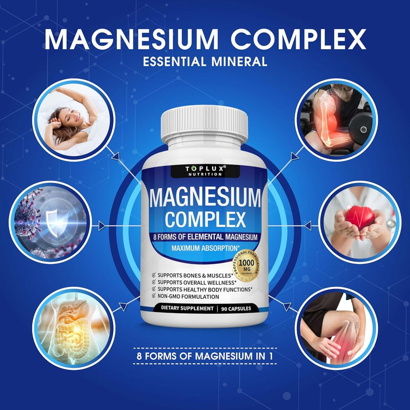 Toplux Complejo de magnesio Suplemento 8 Elemental 1000mg - Glicinato de magnesio, citrato, malato, taurato, quelado para una fácil absorción para huesos, músculos, recuperación, energía, vegano sin O