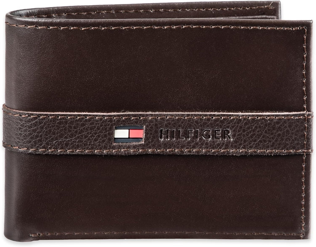 Tommy Hilfiger Men's Leather Wallet – Slim Bifold with 6 Credit Card Pockets and Removable ID Window, Casual Brown, One Size
