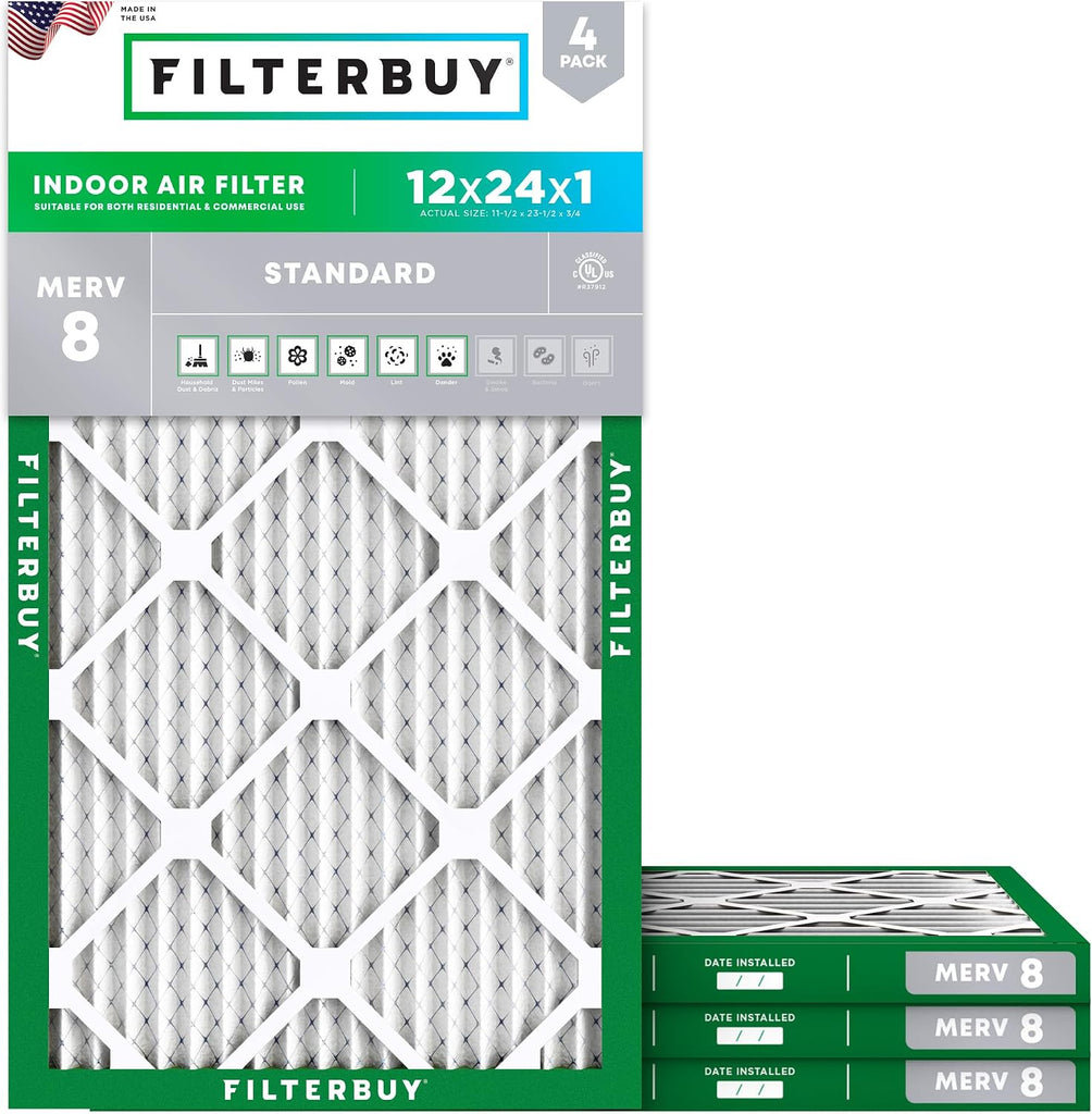 Filterbuy 12x24x1 Air Filter MERV 8 Dust & Allergy Defense (4-Pack)