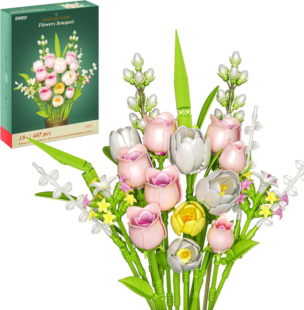EWED Tulip Rose Flowers Building Set Compatible with Lego Flower for Adults