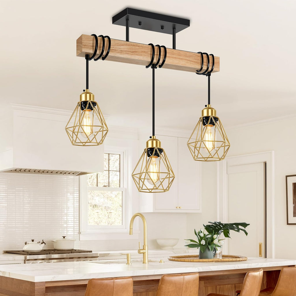 Feanron 3-Lights Dining Room Light Fixture Over Table, Wood Kitchen Island Lighting Hanging, Farmhouse Chandelier for Di