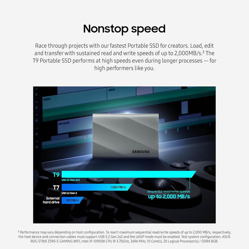 Samsung T9 Portable SSD 1TB, USB 3.2 Gen 2x2 External Solid State Drive, Seq. Read Speeds Up to 2,000MB/s for Gaming, Students and Professionals, MU-PG1T0B/AM, Black