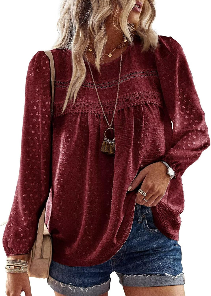 Falechay Plus Size Tops for Women Cute Loose Long Sleeve Burgundy 4XL
