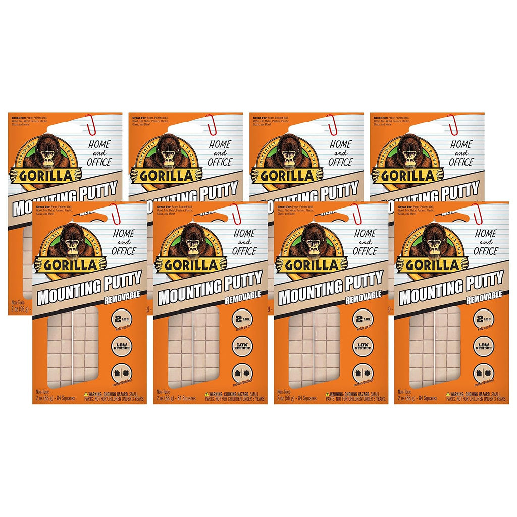 Gorilla Mounting Putty, Natural Tan Color, 84 Pre-Cut Squares (Pack of 8) - Non-Toxic Removable & Repositionable Wall Pu