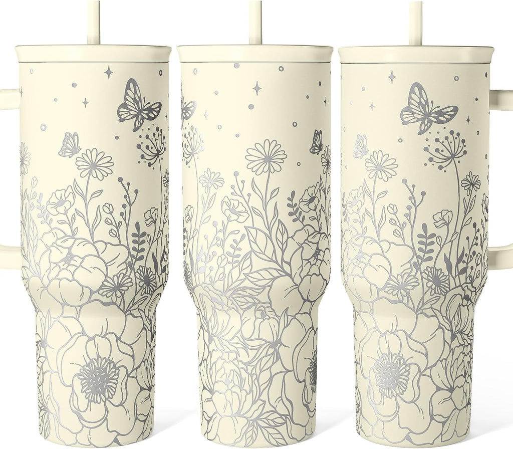 Floral Tumbler with Handle 40oz, Stainless Steel Insulated Tumblers Coffee Travel Mug Cup with Straw, Flower Coffee Cup