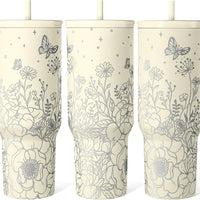 Floral Tumbler with Handle 40oz, Stainless Steel Insulated Tumblers Coffee Travel Mug Cup with Straw, Flower Coffee Cup