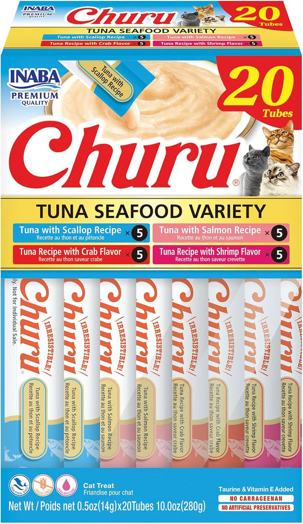 INABA Churu Cat Treats, Lickable, Squeezable Creamy Purée Cat Treat with Green Tea Extract & Taurine, 0.5 Ounces Each Tu