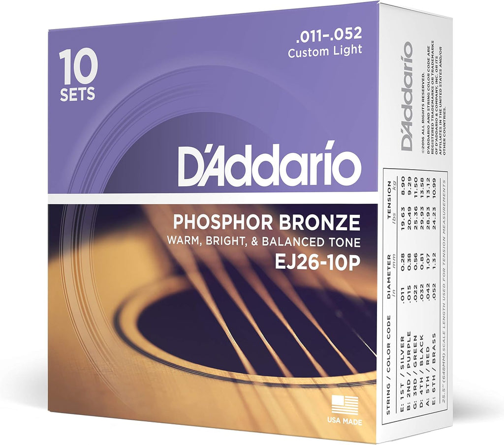 D'Addario EJ26-10P Phosphor Bronze Acoustic Guitar Strings 11-52, 10 Sets