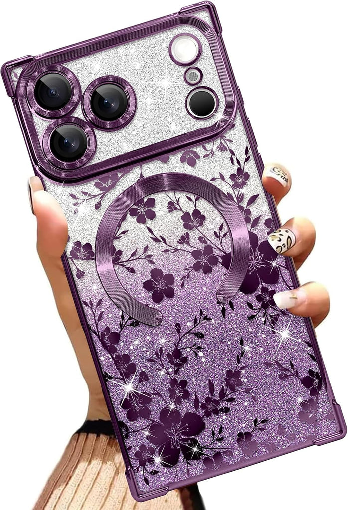 Illians Glitter Phone Case Made for iPhone 17 Pro Max 6.9 in, Purple Floral