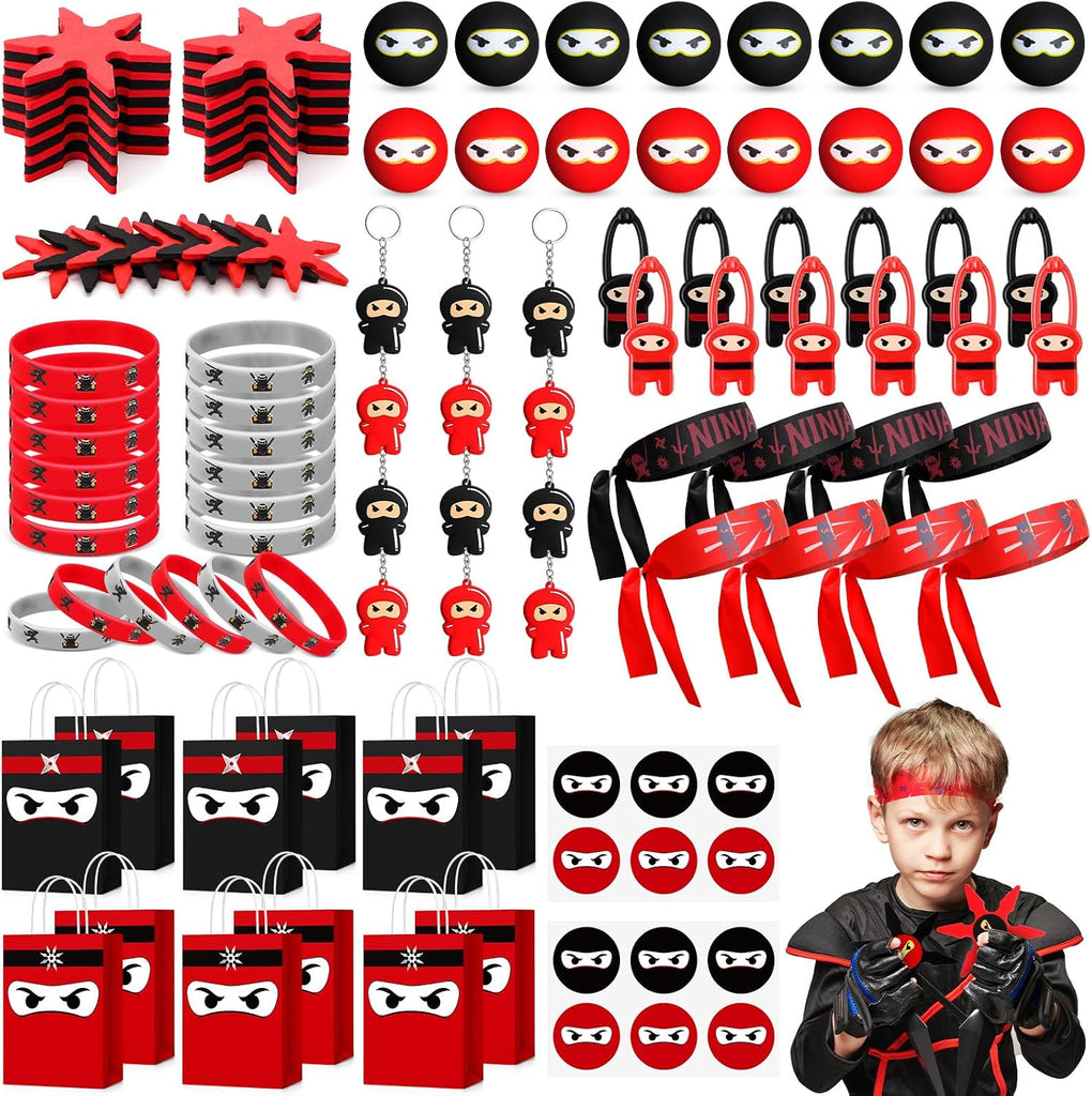 Resholder 96 Ninja Party Favors Include Ninja Paper Bags Bouncy Balls Throwing Favors Flying Slingshot Headbands Silicone Bracelets Keychains Stickers for Birthday Party (Red & Black)
